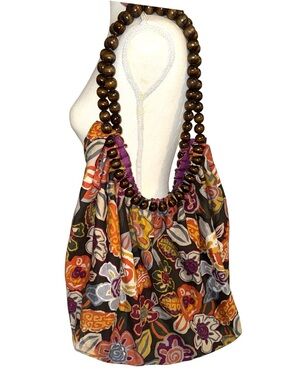 Charming Charlie Bohemian Floral Shoulder Bag, Wooden Bead Handles